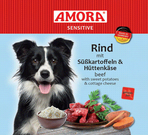 Amora Hund Dose Sensitive Rind mit Süßkartoffel+Hüttenkäse 6 x 400g / 6 x 800g